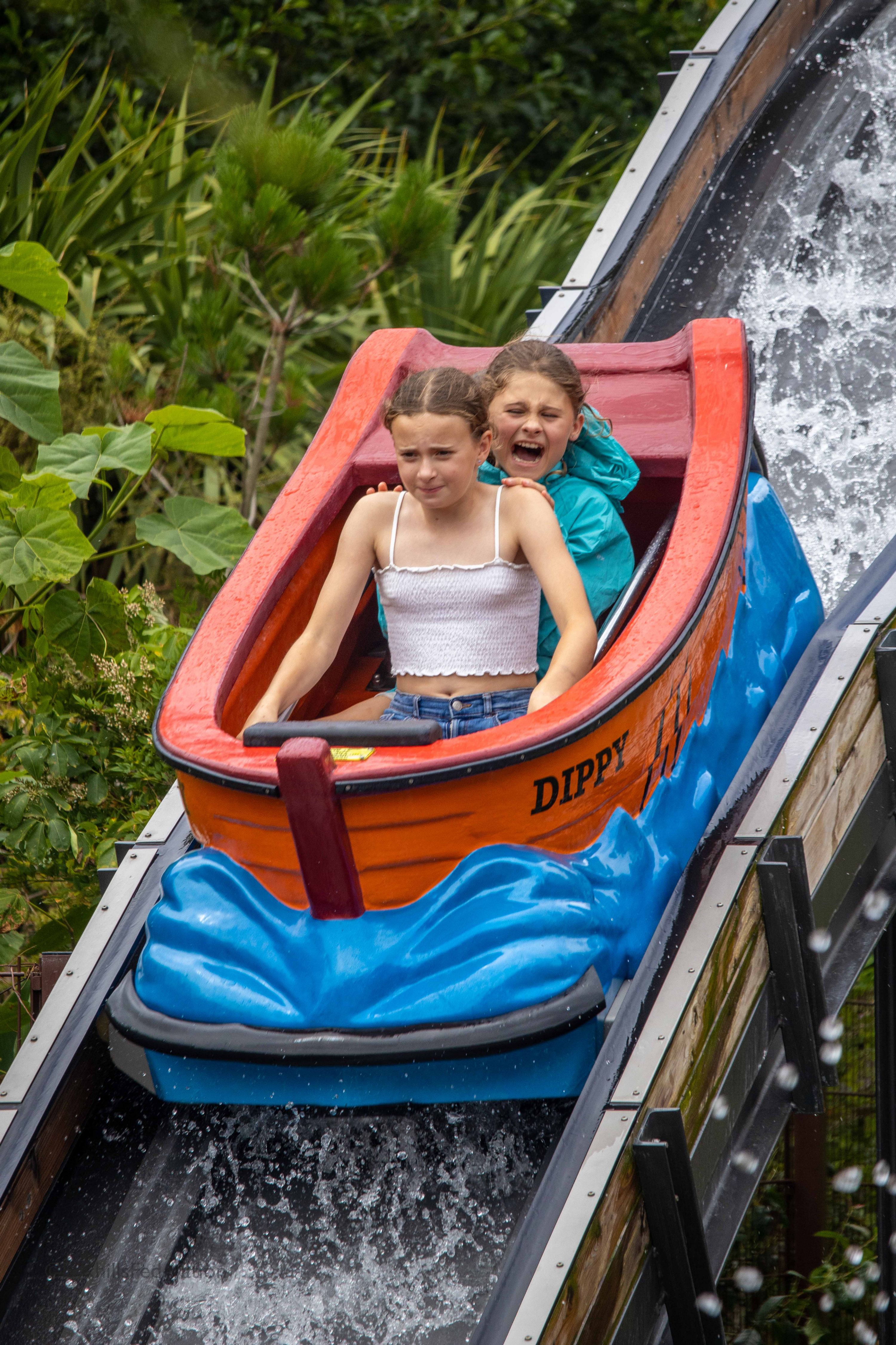 Girls go down the log flume