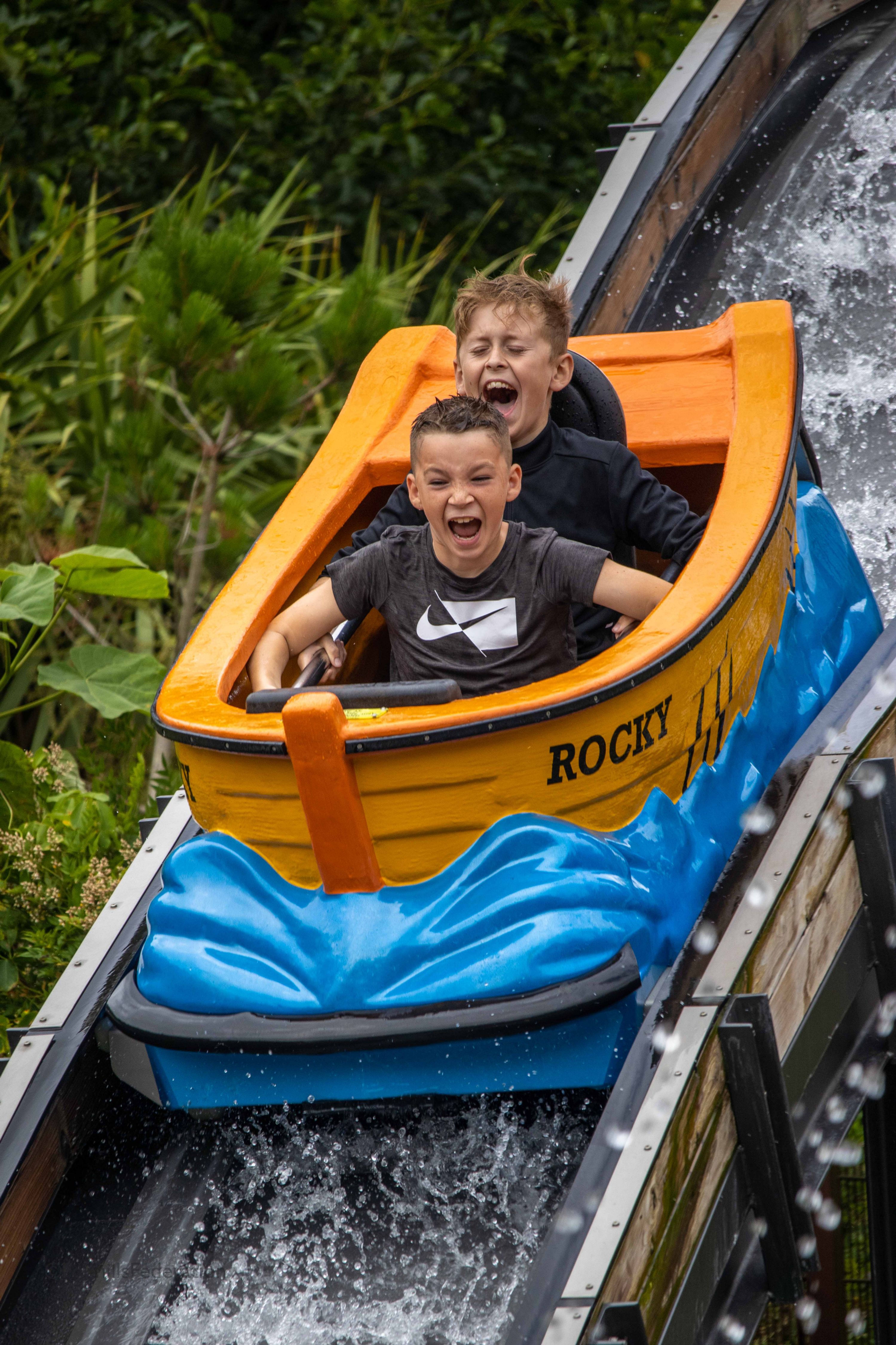 Two boys go down a log flume