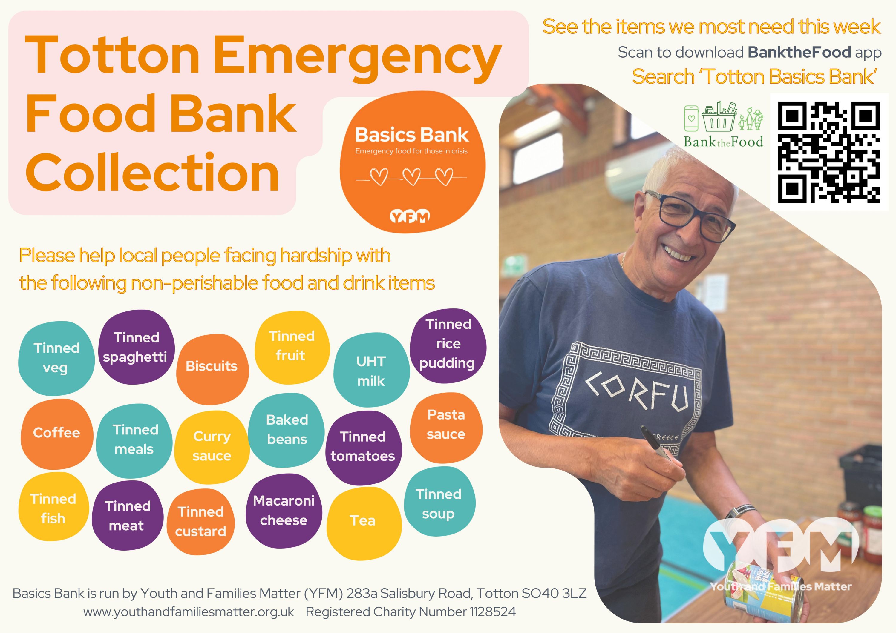 A poster for Totton Emergency Food Bank asking for donations of food for people facing hardship.